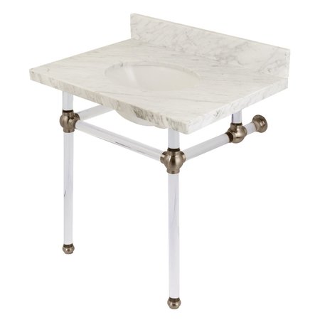 FAUCETURE 30" x 22" Carrara Marble Vanity Top with Clear Acrylic Console Legs, Carrara Marble/Brushed Nickel KVPB3030MA8